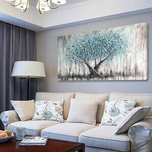 NEW Teal Blue Nature Tree of Life Abstract Canvas Painting Textured Picture